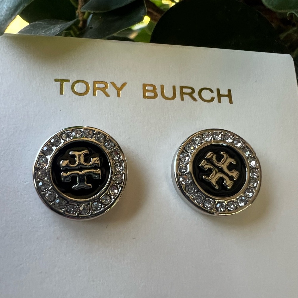 Tory Burch Black and Silver Crystal Stud Earrings